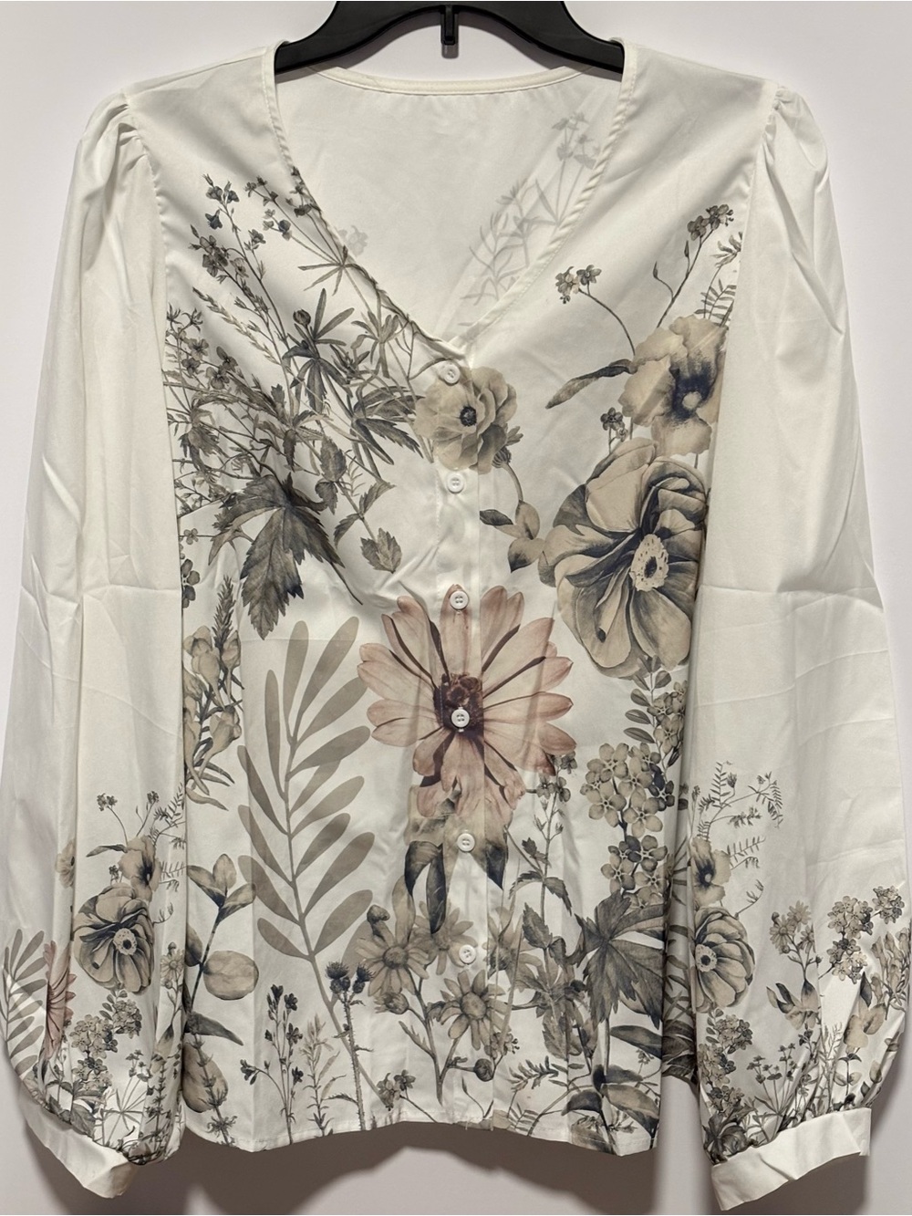 Source Unknown Cream and Taupe Floral V-Neck Button Blouse